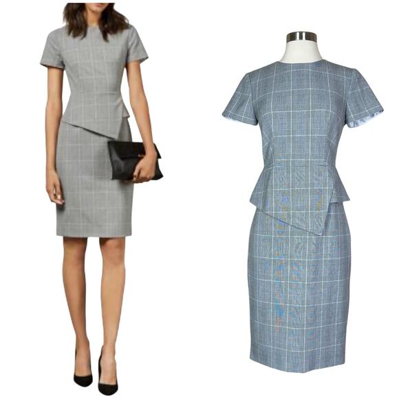 Ted Baker | Janza Plaid Peplum Short Sleeve Modest Classy Grey Sheath Dress US 2 - Picture 1 of 12